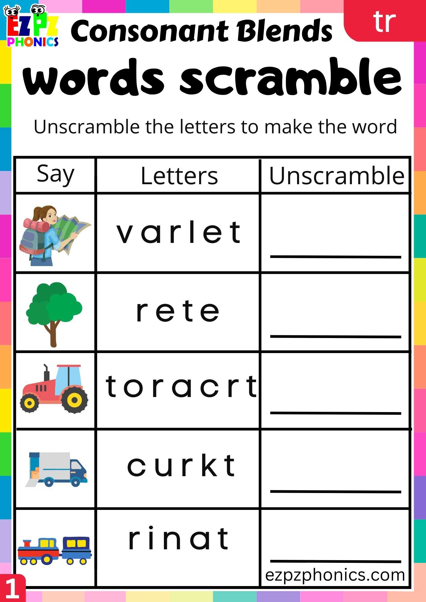 Group1 TR Words Words Scramble Phonics Consonant Blends Worksheet